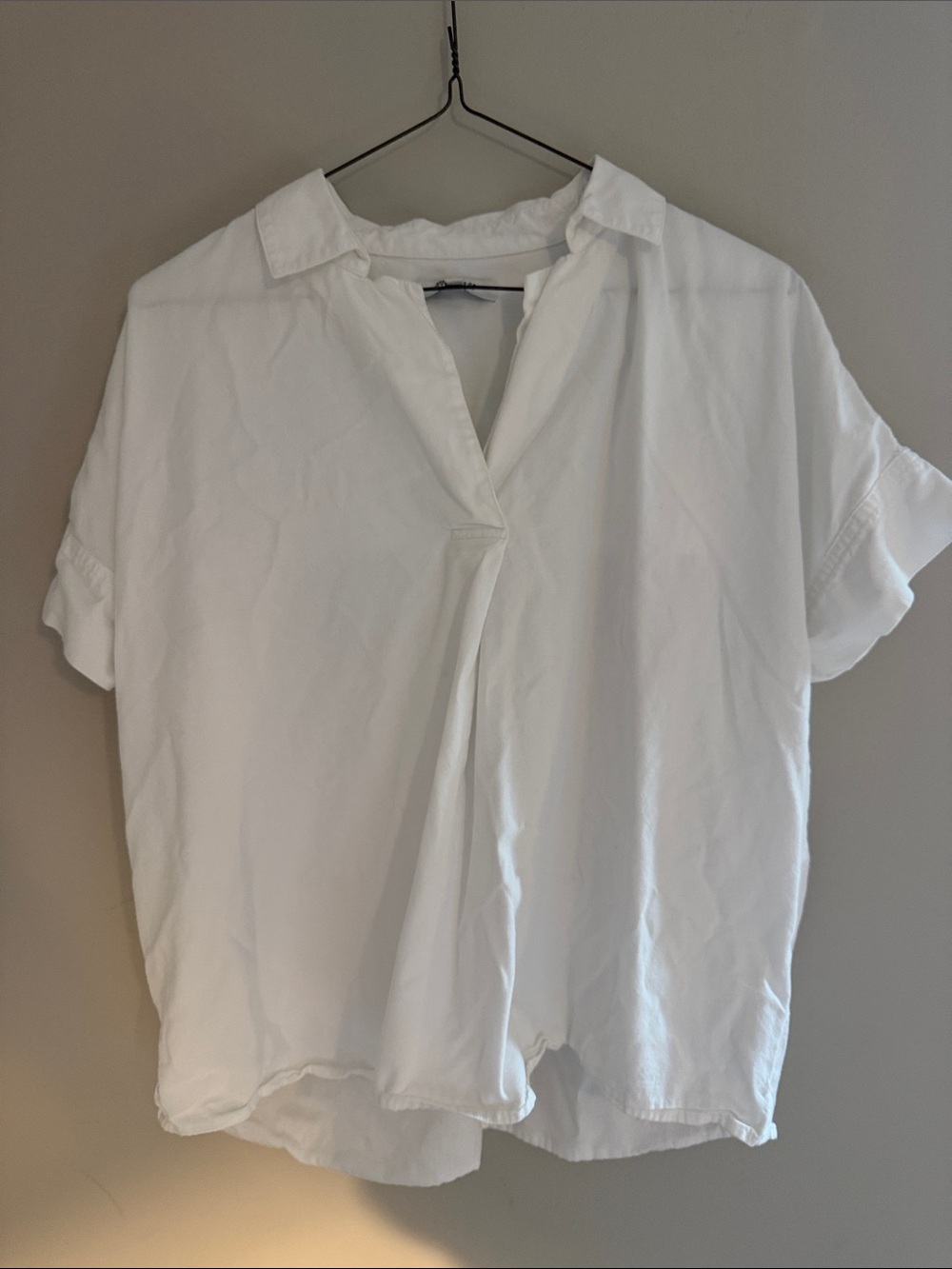 Madewell White Cotton Short-Sleeve V-Neck Collared Blouse